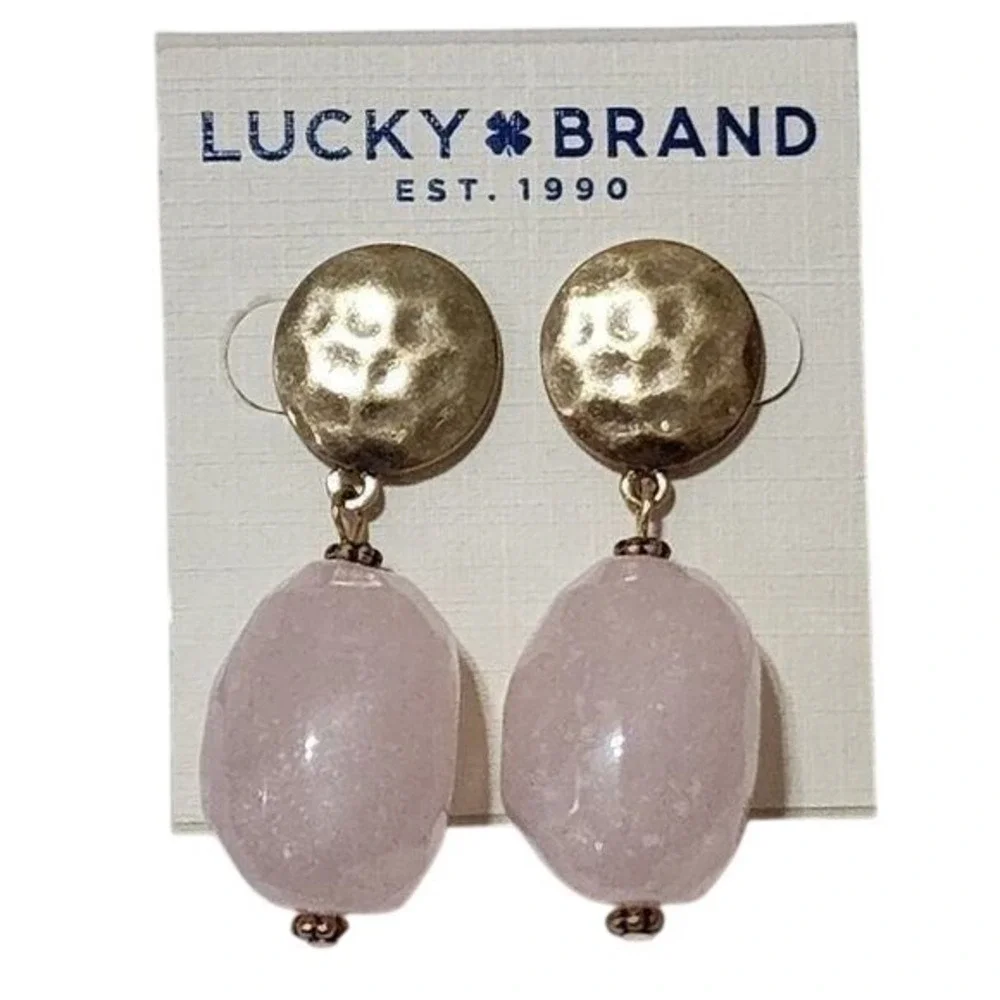 Lucky Brand Pink Stone Hammered Gold Tone Drop Earrings Rose Quartz Boho Post